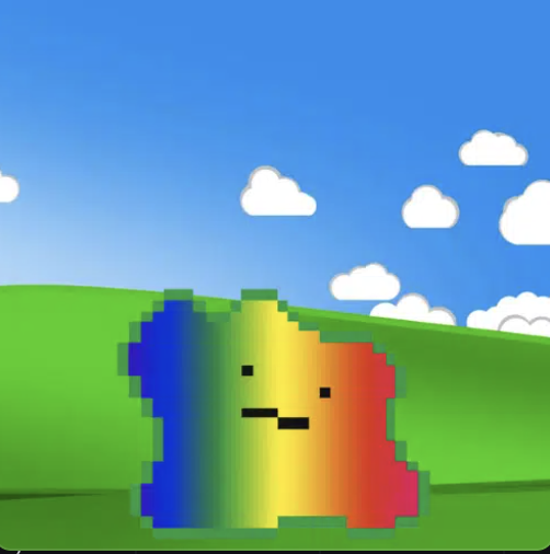 Rainbow pixel character on grassy landscape